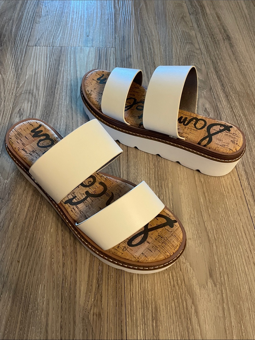 Sam Edelman Cream Double-Band Platform Slide Sandals